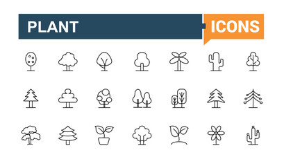 Set of Tree line icon. Contain linear symbols eco, evergreen, ecology, botany, landscape, branch and more. Modern icons collection. Gardening icon set. Editable stroke. Vector illustration.