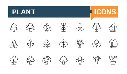 Set of Tree line icon. Contain linear symbols eco, evergreen, ecology, botany, landscape, branch and more. Modern icons collection. Gardening icon set. Editable stroke. Vector illustration.
