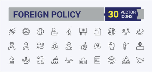 Fototapeta premium Diplomacy icon set. Contain linear sign politic, peace, politics, ambassador, diplomat, bilateral and more. Isolated icons. Alliance icon collection. Vector illustration in modern line style.