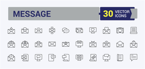 E-Mail And Letter linear icon collection. Contains outline symbols like newsletter, paper, document, e-mail, email, message, mail and more. Minimal icons pack. Post simple icon.
