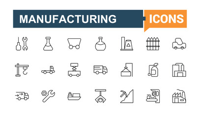 Industry icon collection. Contains outline symbols like production, manufacture, manufacturing, industrial, engine, engineer and more. Thin line icons set. Industrial vector line icon set.