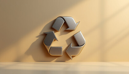 A metallic recycling symbol leaning against a neutral colored wall