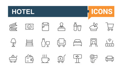 Hospitality icon set. Contains outline symbols like reception, host, motel, service, hotel and more. Collection for mobile and web apps. Hostel simple icon. Editable stroke collections.