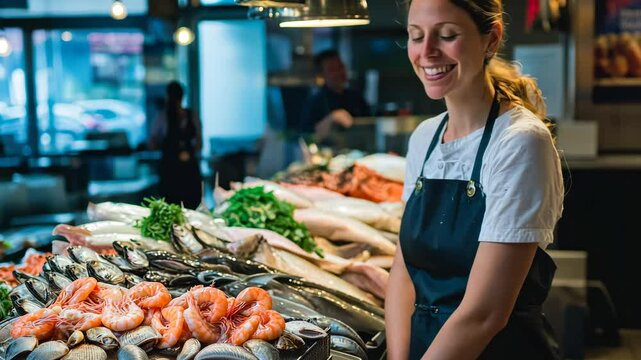 Freshly caught fish and shellfish arranged in vibrant seafood display, natural textures and intricate details, inviting and lively market atmosphere