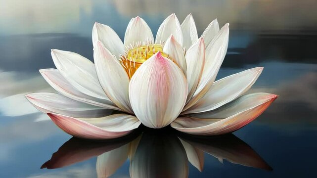 Elegant lotus flower with white petals tinged with pink, floating on calm water, symbolizing purity, enlightenment, and serenity.