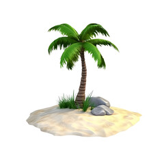 Obraz premium 3D Rendering of a Palm Tree on a Tropical Island with White Sand with Transparent Background Featuring a Lush Green Palm Tree Coconuts on Sandy Shoreline Under the Tropical Sun