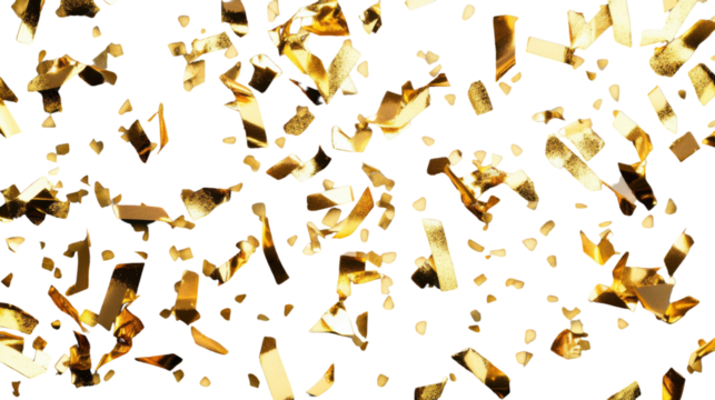Golden confetti falling on transparent background for celebration design
