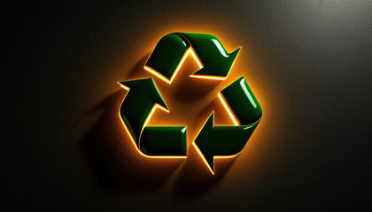Illuminated Green Recycling Symbol With Bright Yellowish Orange Glow