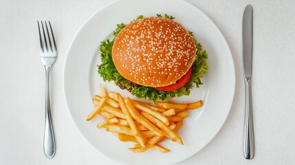 Juicy burger on a white plate, showcasing simplicity and indulgence in every bite.