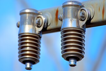 Close-Up of Metallic Electrical Insulators Under Bright Blue Sky