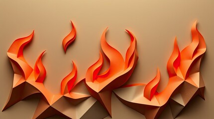 Vibrant paper craft showcases stylized flames in shades of orange and red arranged dynamically against a neutral backdrop highlighting artistic design