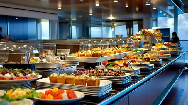 Elegant buffet setup on cruise ship, vibrant dishes and desserts arranged artfully, modern dining area with panoramic ocean views under soft lighting