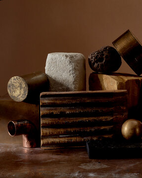 sculptural, industrial, objects, copper, rock, brass, stone, rock.
