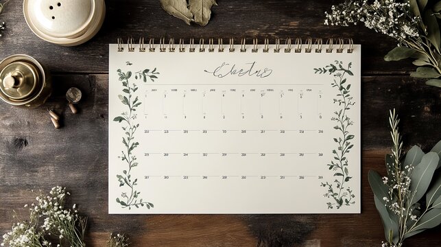 An elegant calendar with sophisticated calligraphy fonts and subtle decorative flourishes. Each month features a beautiful hand-lettered quote or motif, leaving room for your personalized text and eve