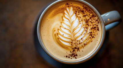 Latte Art Delight: An overhead shot of a meticulously crafted latte with stunning art on a wooden table. The focus is on the perfect foam art