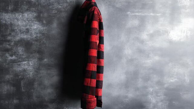 casual plaid flannel shirt in red and black on soft gray background