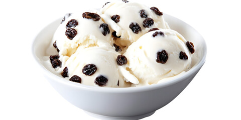 Bowl of Ice Cream Scoops with Raisin on Transparent Background Isolated Object Sweet Delicious Treat Cold Refreshment Food