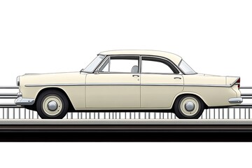 Naklejka premium Classic cream-colored sedan car side view on a road, white background, transportation