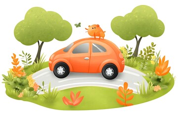 Cartoon hamster rides an orange car on a road with trees and green background