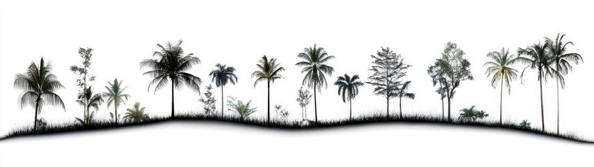 Diverse Silhouette of Trees and Palms on a Clean White Background