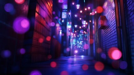 A vibrant, illuminated alleyway with colorful lights creating a dreamy atmosphere.