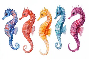 Obraz premium Set of watercolor swimming seahorses hand drawn on a white background