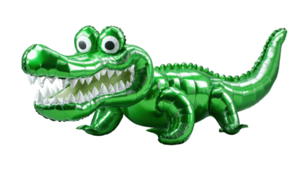 Green inflatable crocodile balloon smiling on transparent background