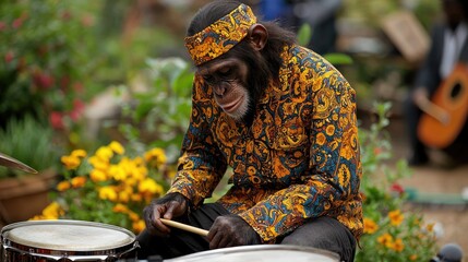 A chimpanzee wearing a patterned shirt and headwear plays drums outdoors amidst flowers.