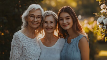 Obraz premium Three generations of women smile warmly in a sunlit garden, showcasing joy, connection, and family bonds.