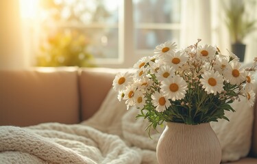 A flower bouquet in a vase in a room with a window and a sofa in the background during the day