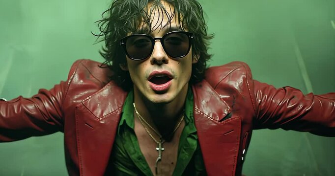 Rock musician in red jacket, green shirt, smoky background, promotional shot