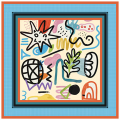Colorful abstract doodles with various shapes and lines on a light background.