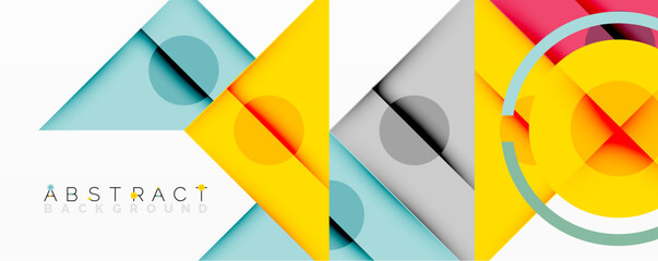 Abstract geometric composition with intersecting triangles, circles, and gradients, creating a dynamic layered pattern with depth and contrast