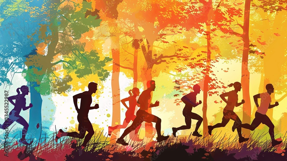 Poster outdoor sports event featuring runners in a vibrant forest setting during autumn generative ai