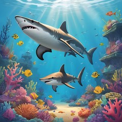 Obraz premium A magnificent great white shark swims gracefully among vibrant and colorful coral reefs.