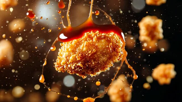 crispy chicken nugget tossed in the air, with barbecue sauce splashing around