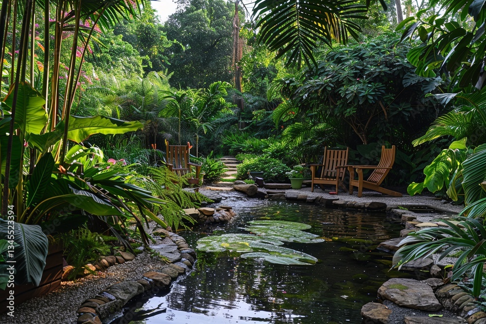 Poster quiet oasis amidst lush gardens offering peaceful rest and meditation for rejuvenation and relaxatio