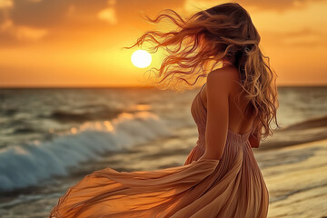 woman at sunset on the beach with dress blowing in the wind 