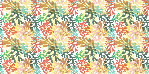 A lively pattern composed of diverse leaves and flowers in bright colors, offering a cheerful and dynamic visual appeal.