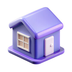 Cute purple house with a door and a window rendered in 3D. Minimal 3d cartoon icon render, isolated on a transparent background, PNG.