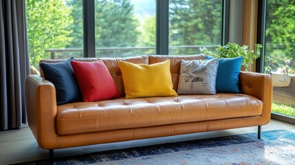 Modern living room with tan leather couch and colorful pillows.  Natural light and scenic view