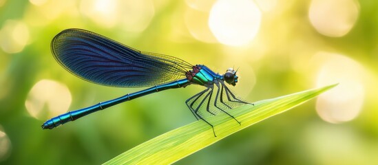 Blue dragonfly resting on a green leaf in nature