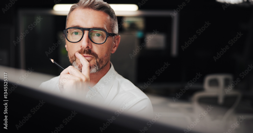 Poster office, mature businessman and architect with thinking for drawing board, creative solution and idea