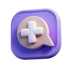 Obraz premium Glossy digital icon of a speech bubble with a plus sign inside, Minimal 3d cartoon render, isolated on a transparent background, PNG.
