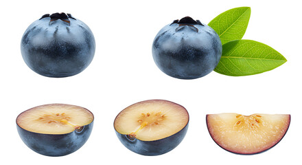 Obraz premium A sequence of fresh Blueberry displayed in four variations a whole Blueberry, an Blueberry cut in half revealing