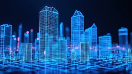 Digital city skyline, wireframe buildings, night view, futuristic design, architectural visualization
