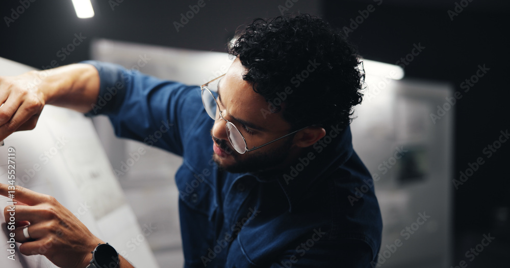 Poster architect, man and paper on drawing board for floor plan, urban development project or building desi