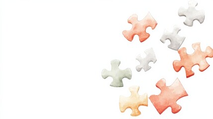 Vibrant watercolor puzzle pieces scattered on a white background, symbolizing creativity and teamwork. Perfect for educational or playful themes.