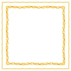 Square watercolor frame of two golden chains. Luxurious metallic shiny accessory isolated on background. Clipart for luxury baroque design. Round ring chain in vintage style.