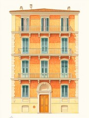 Naklejka premium Charming Italianate Building with Balconies and Vibrant Orange Facade